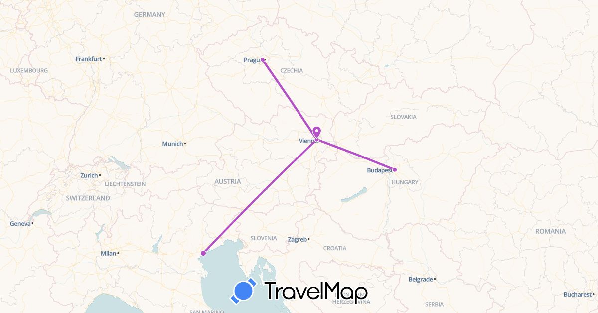 TravelMap itinerary: driving, train in Austria, Czech Republic, Hungary, Italy (Europe)
